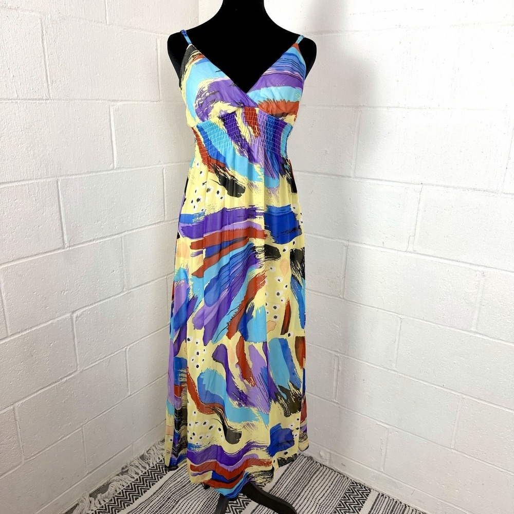 VTG She Scool Maxi Dress Babydoll‎ Y2K Smocked Chiffon Bohemian Fairy Festival M